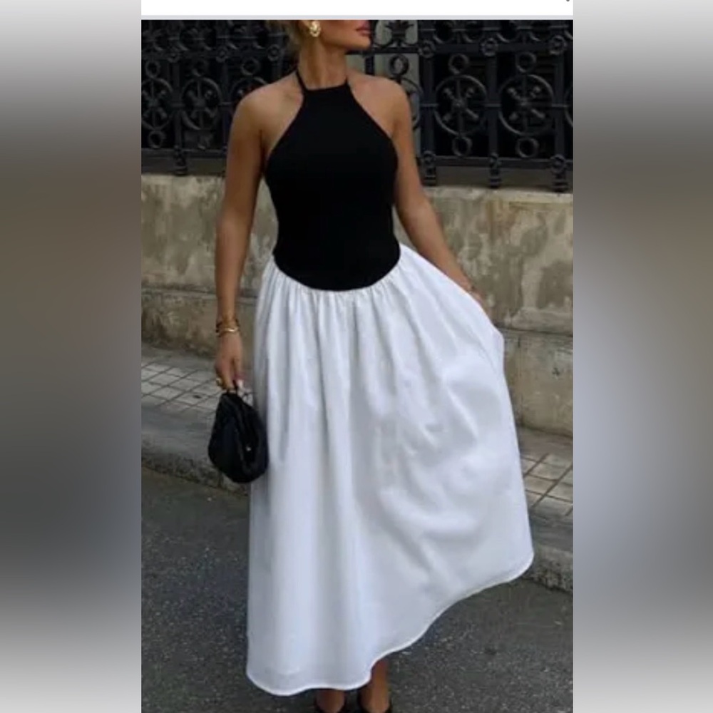 Meshki Black and White Halter Midi Dress